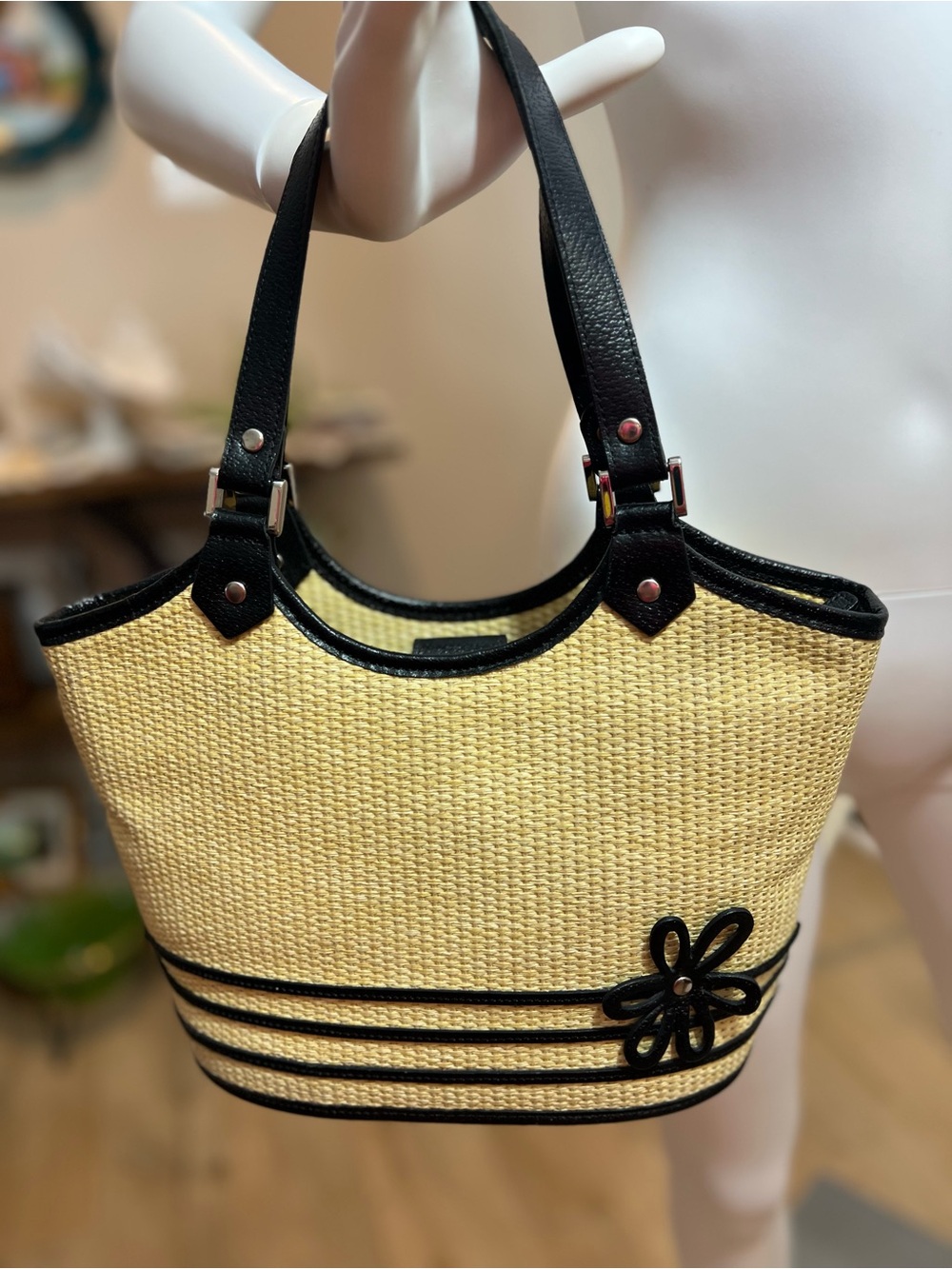Caslon Tote Bag with Black Trim and Flower Accent